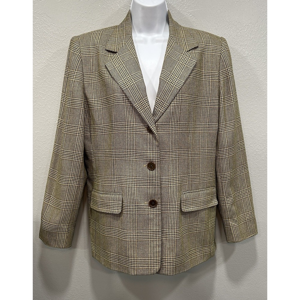 Talbots Petites Blazer Women's Size 14 Tan Brown Plaid 100% Wool Lined 3 Buttons